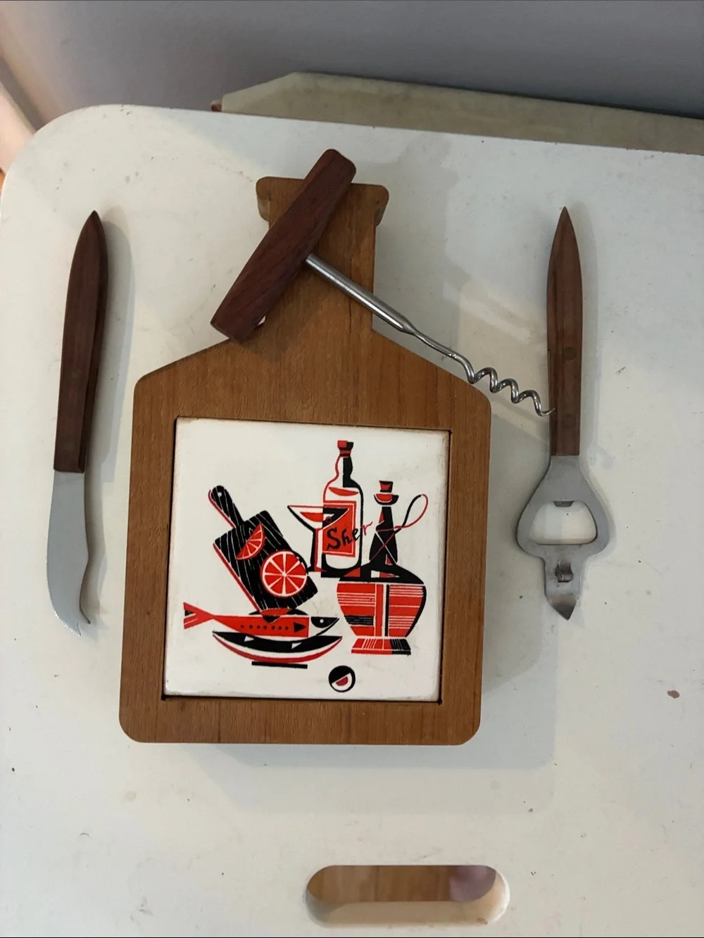 Vintage MCM tiled cheese board with corkscrew, bottle opener, spreader